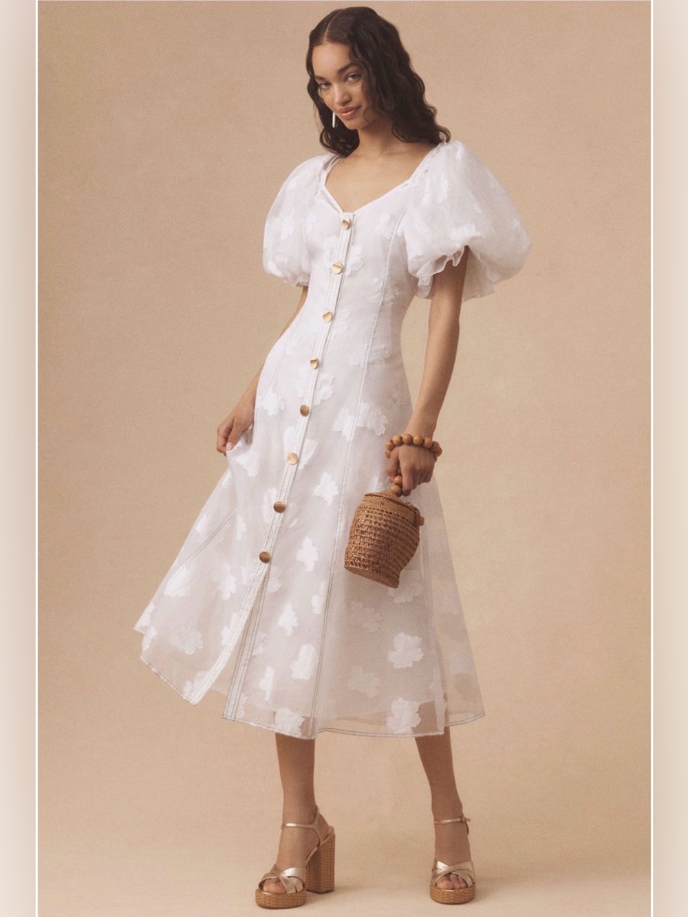 Anthropologie Let Me Be Puff Sleeve Sheer Midi Dress Ivory White Small